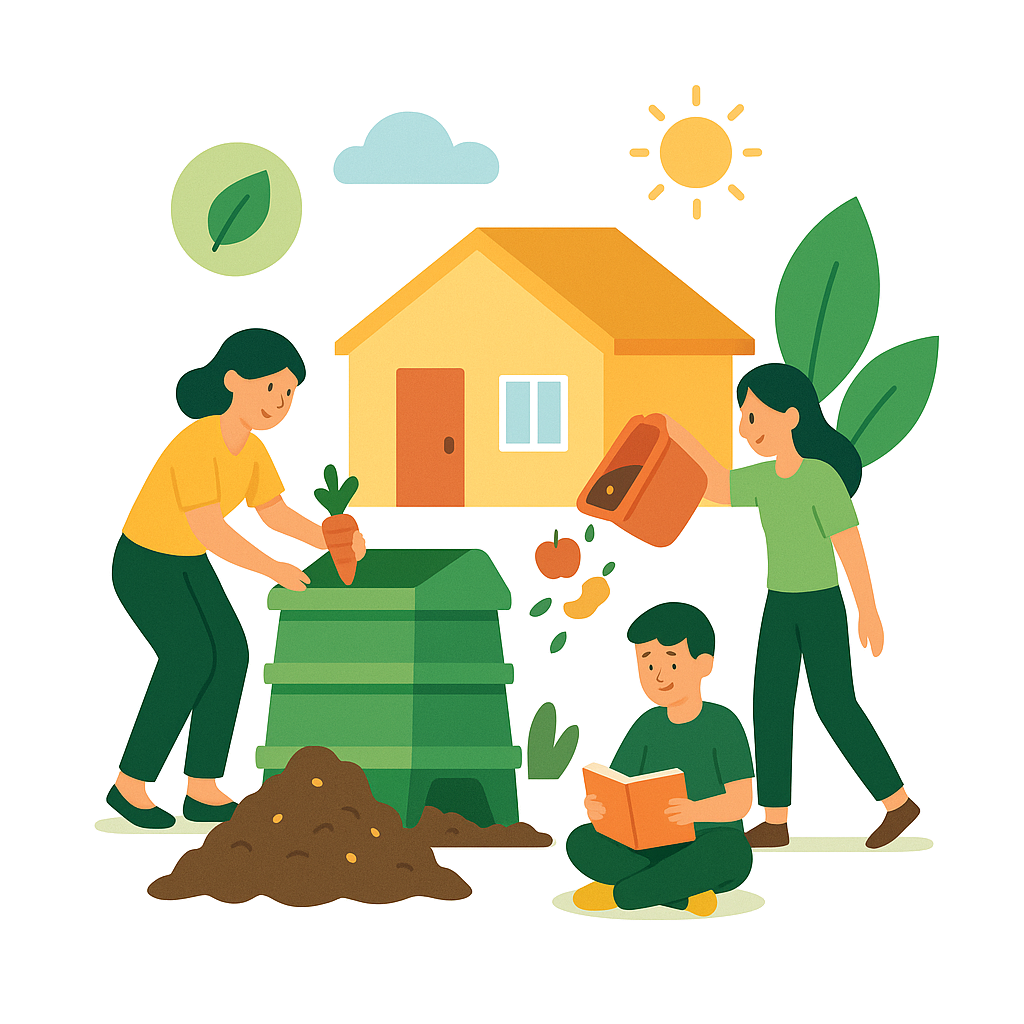 Familia realizando compostaje doméstico con compostera en el hogar