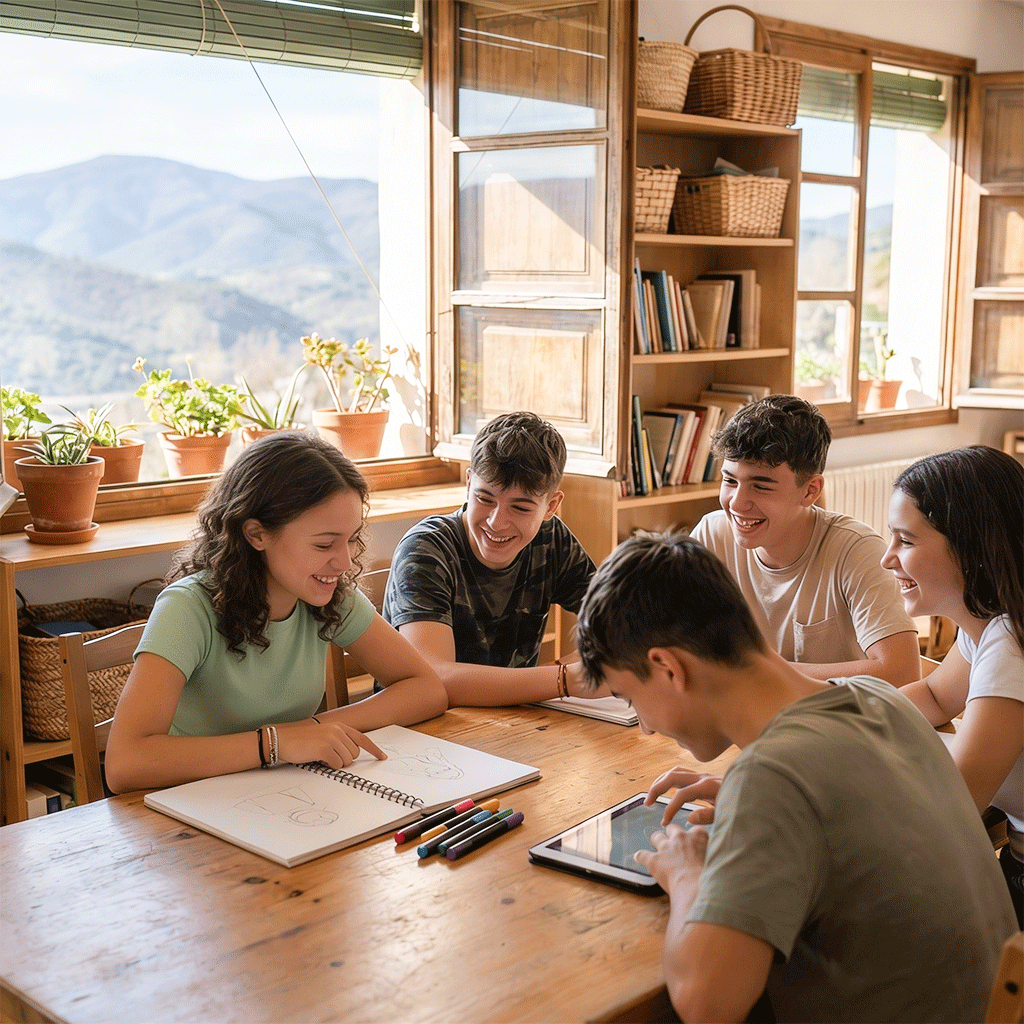 Grupo de jóvenes participando en actividades del club juvenil en un espacio colaborativo en Valdemanco
