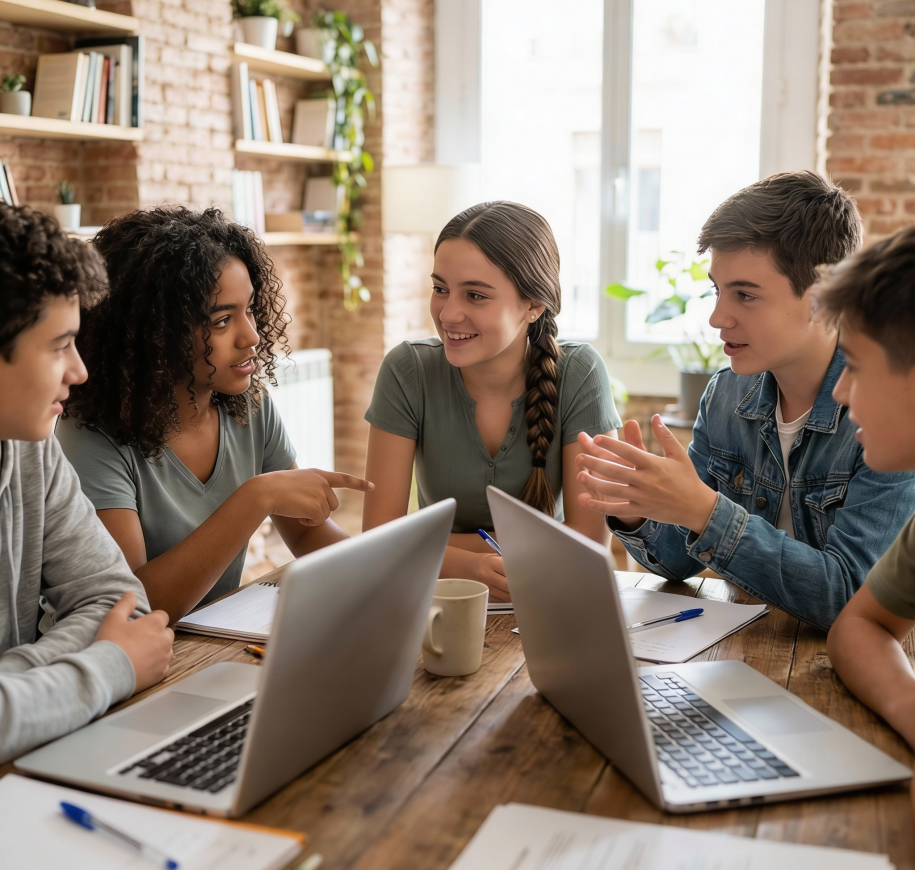 Grupo de jóvenes trabajando juntos con ordenadores portátiles en un espacio de coworking