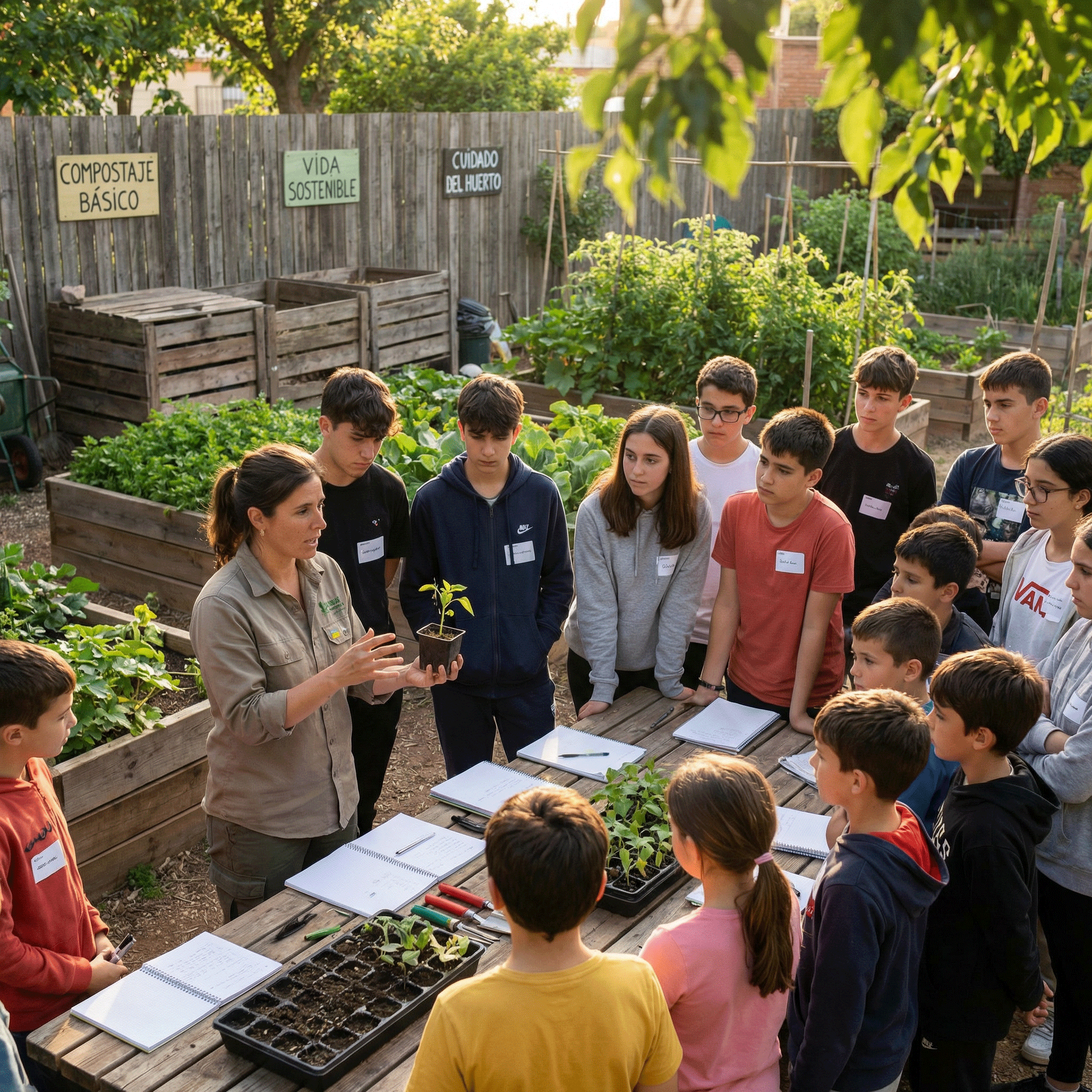Taller de educación ambiental sobre compostaje con jóvenes en un huerto educativo