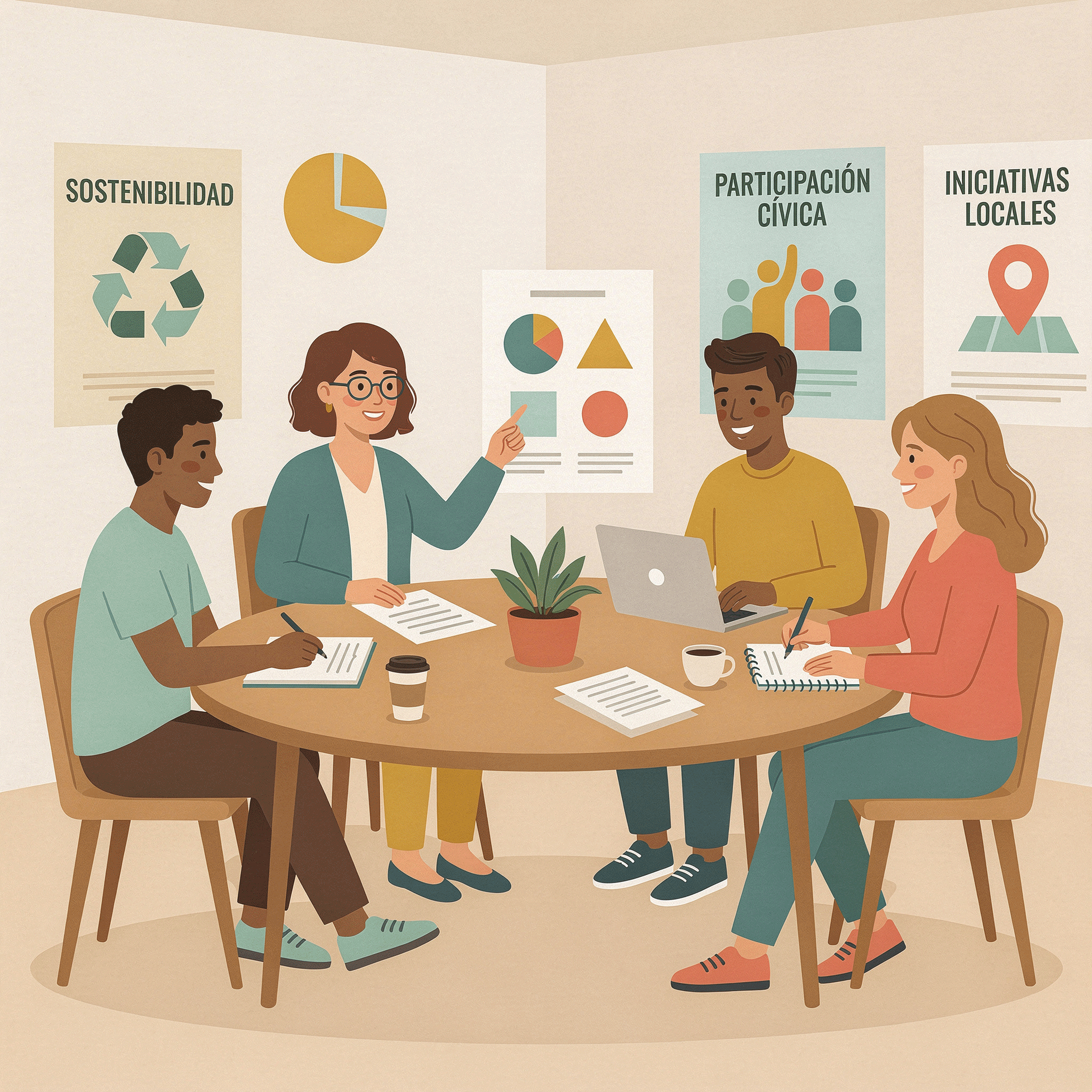 Grupo juvenil reunido trabajando en equipo en un espacio compartido
