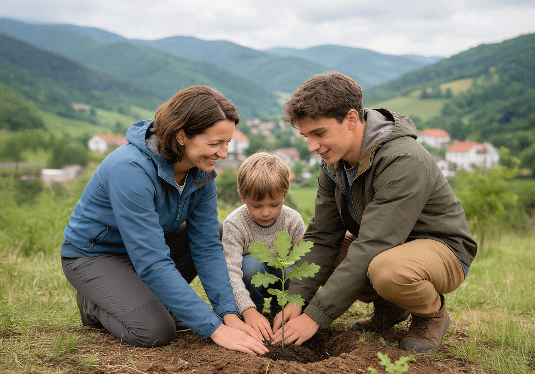 Familia plantando un árbol en un entorno natural, representando la sostenibilidad y la participación comunitaria en Valdemanco