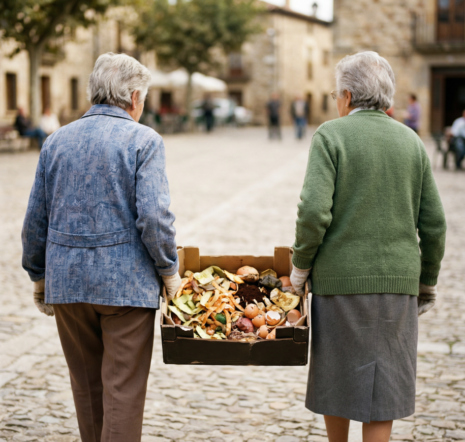 Dos vecinas transportando restos orgánicos para compostaje en el municipio