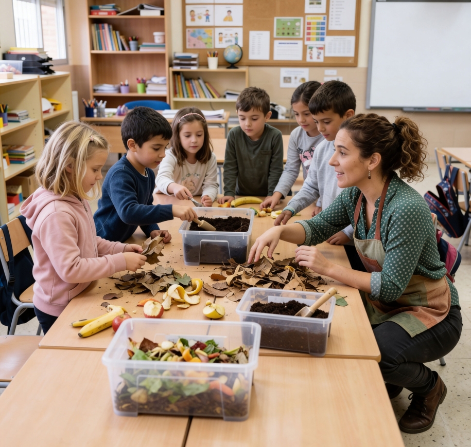 Niños y profesora realizando una actividad de compostaje en el aula con restos orgánicos y materiales educativos