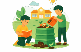 Niños realizando compostaje en un centro educativo